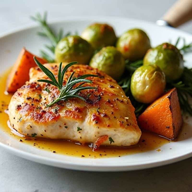 Herb-Roasted Chicken Breast with Crispy Brussels Sprouts and Sweet Potatoes