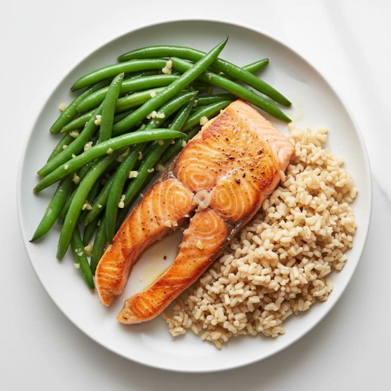 Seared Salmon with Garlic Green Beans and Brown Rice