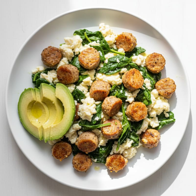 Crispy Turkey Sausage and Egg White Scramble with Spinach
