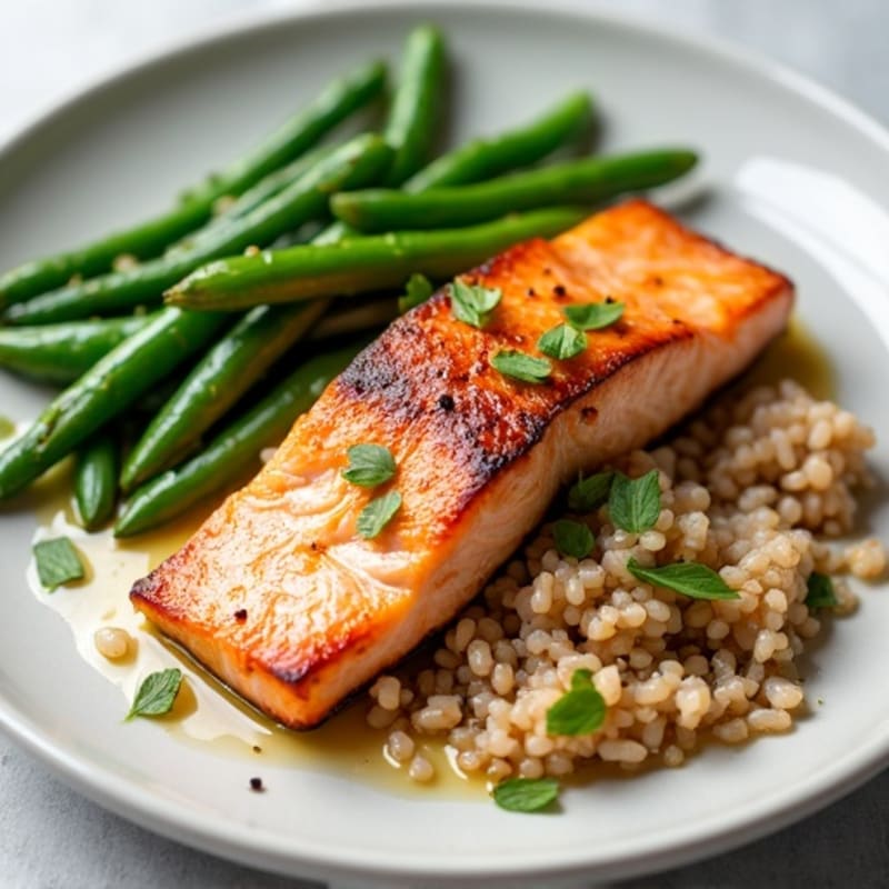 Seared Salmon with Garlic Green Beans and Brown Rice