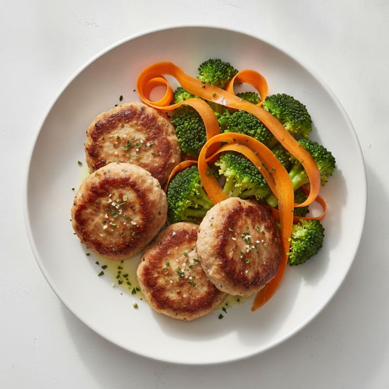 Seared Turkey Patties with Steamed Broccoli and Carrot Ribbons