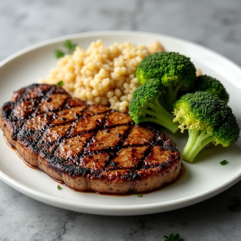 Grilled Beef Steak with Roasted Broccoli and Quinoa