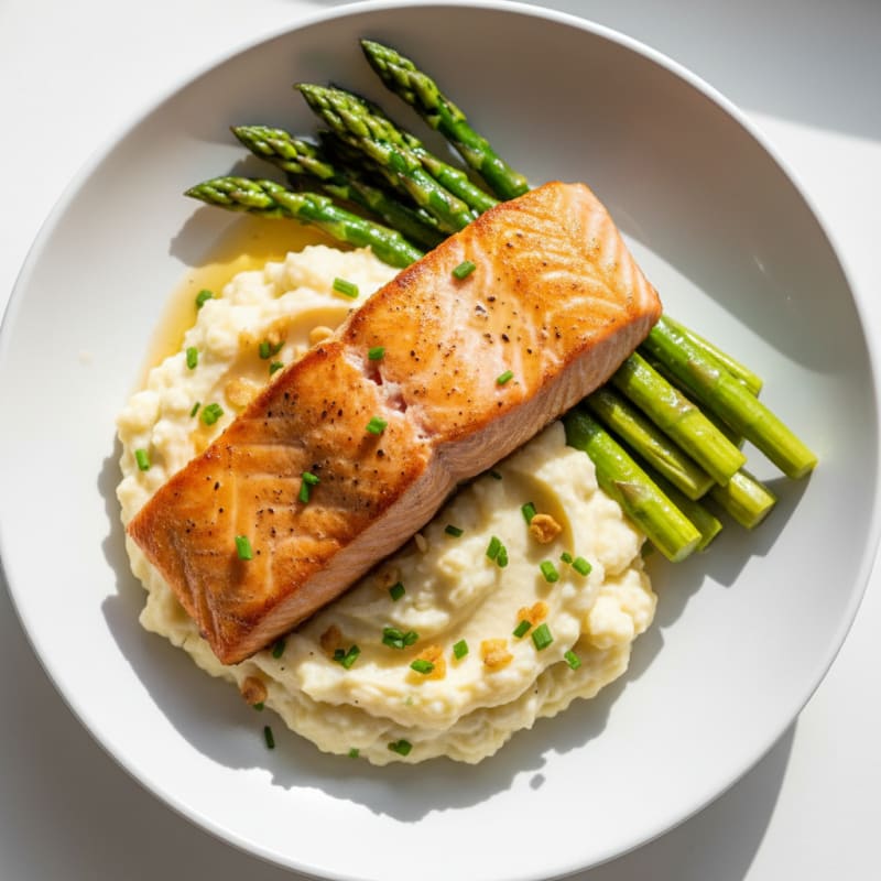 Seared Salmon with Steamed Asparagus and Garlic Mashed Cauliflower