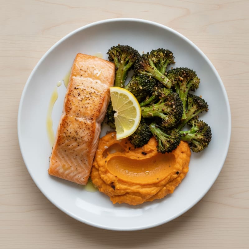 Baked Salmon with Roasted Broccoli and Sweet Potato Mash