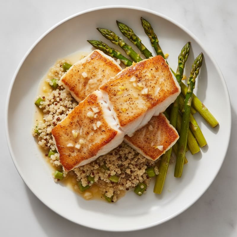 Seared Cod with Roasted Asparagus and Quinoa