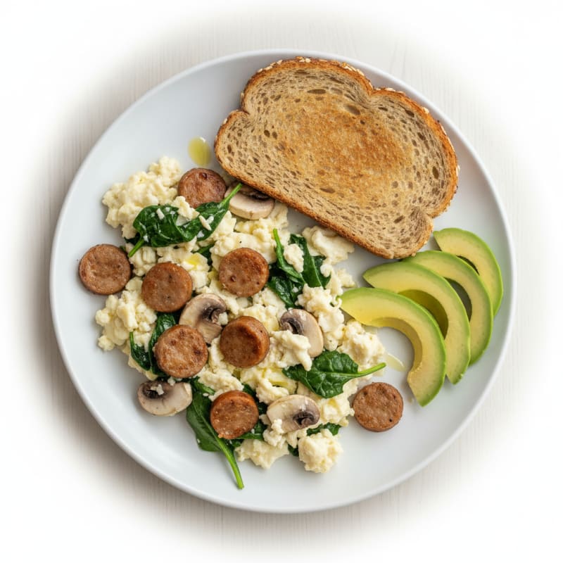 Egg White and Turkey Sausage Scramble with Spinach and Mushrooms