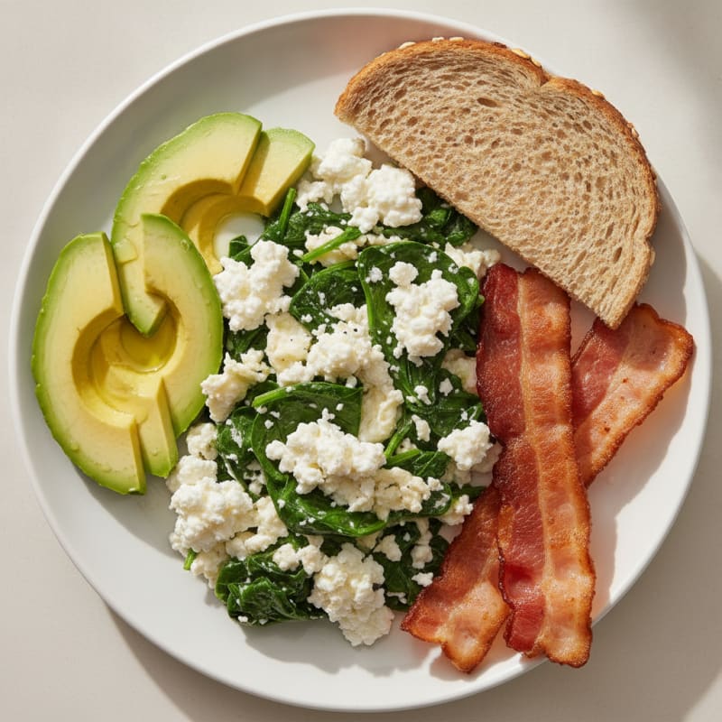 Egg White Spinach Scramble with Cottage Cheese and Turkey Bacon