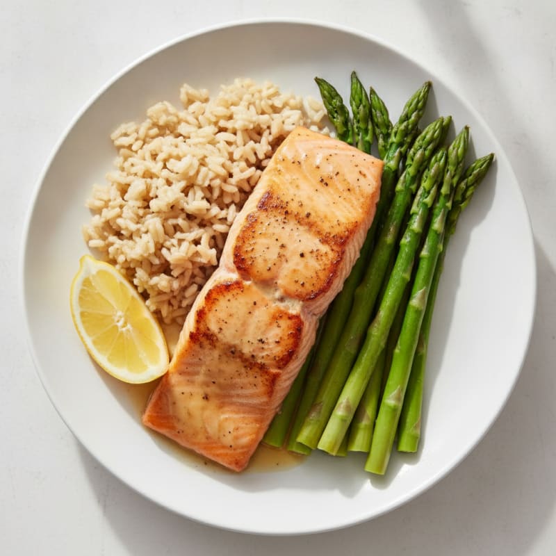 Seared Salmon with Steamed Asparagus and Brown Rice