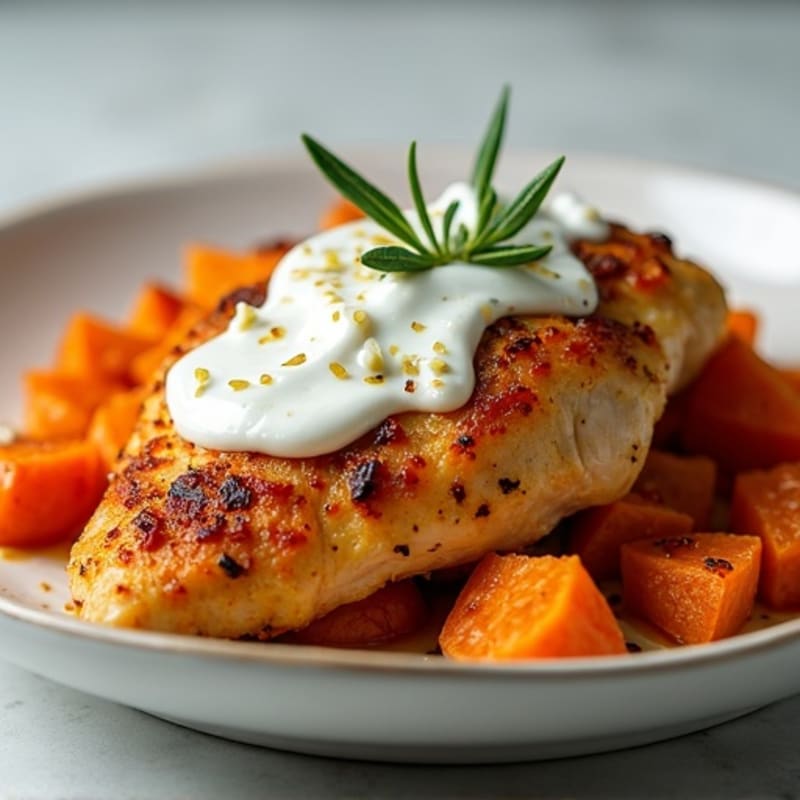 Crispy Sheet Pan Chicken with Caramelized Sweet Potatoes and Creamy Tangy Feta Sauce
