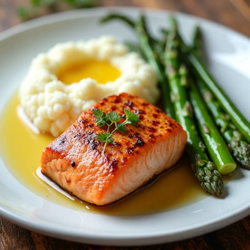 Seared Salmon with Steamed Asparagus and Cauliflower Mash