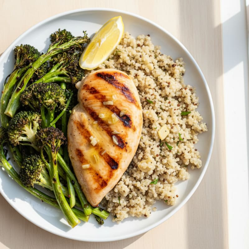Grilled Lemon Garlic Chicken Breast with Quinoa and Roasted Broccoli