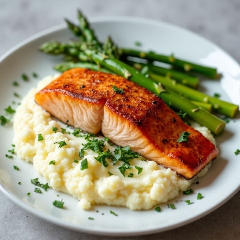 Seared Salmon with Steamed Asparagus and Garlic Cauliflower Mash
