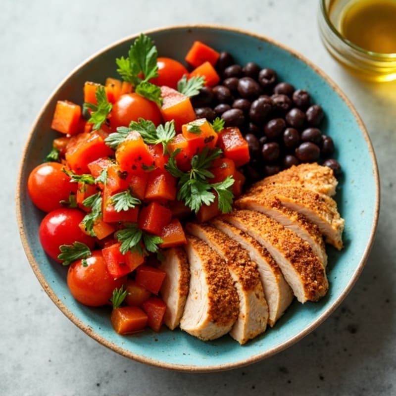Smoky Spiced Chicken and Black Bean Bowl with Fresh Salsa and Crispy Bell Peppers