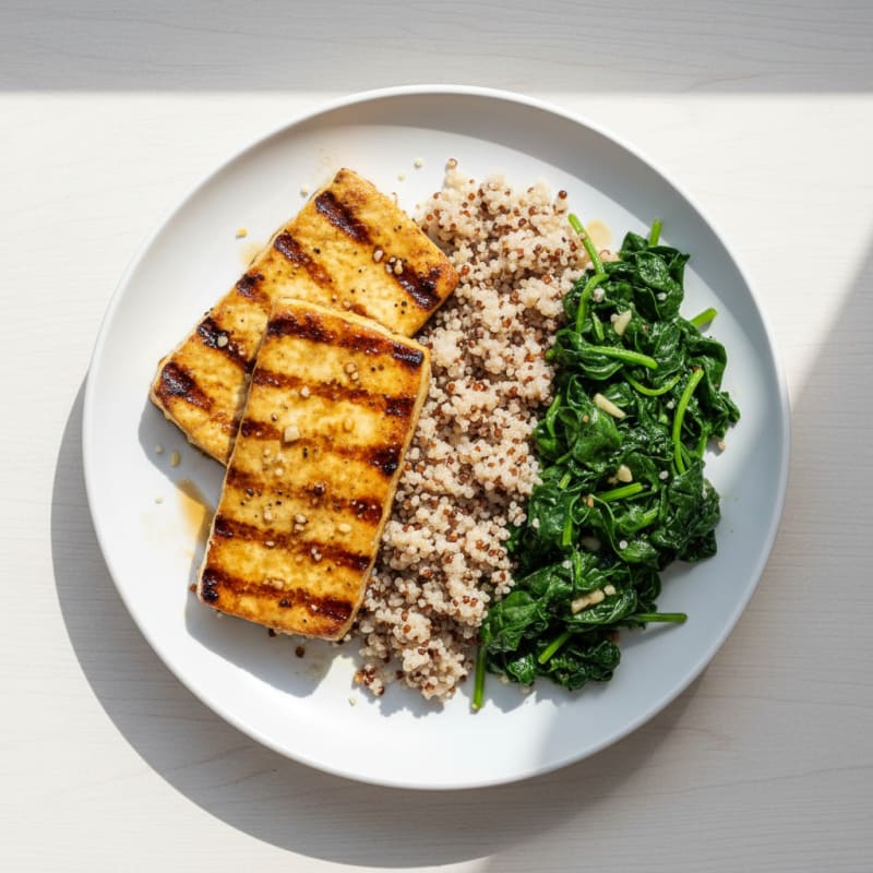 Grilled Tofu Steaks with Quinoa and Sautéed Spinach