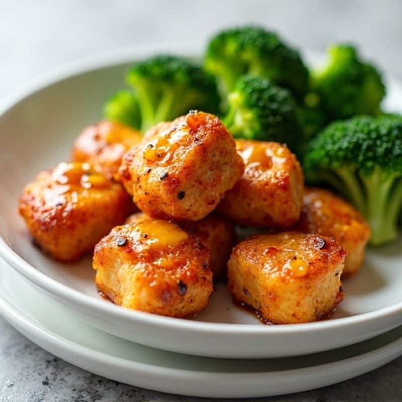 Crispy Chicken Bites with Sweet and Savory Ginger-Garlic Glaze and Steamed Broccoli
