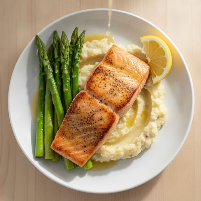 Seared Salmon with Steamed Asparagus and Cauliflower Mash