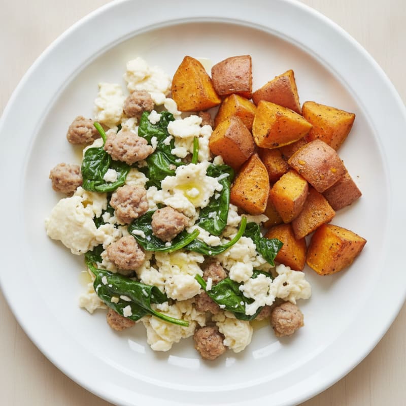 Egg White and Turkey Sausage Scramble with Spinach and Roasted Sweet Potatoes