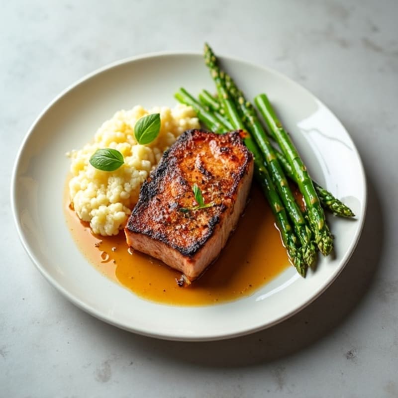 Seared Tuna Steak with Roasted Asparagus and Cauliflower Mash