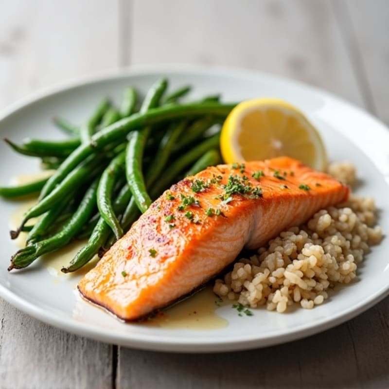 Seared Salmon with Garlic Green Beans and Brown Rice