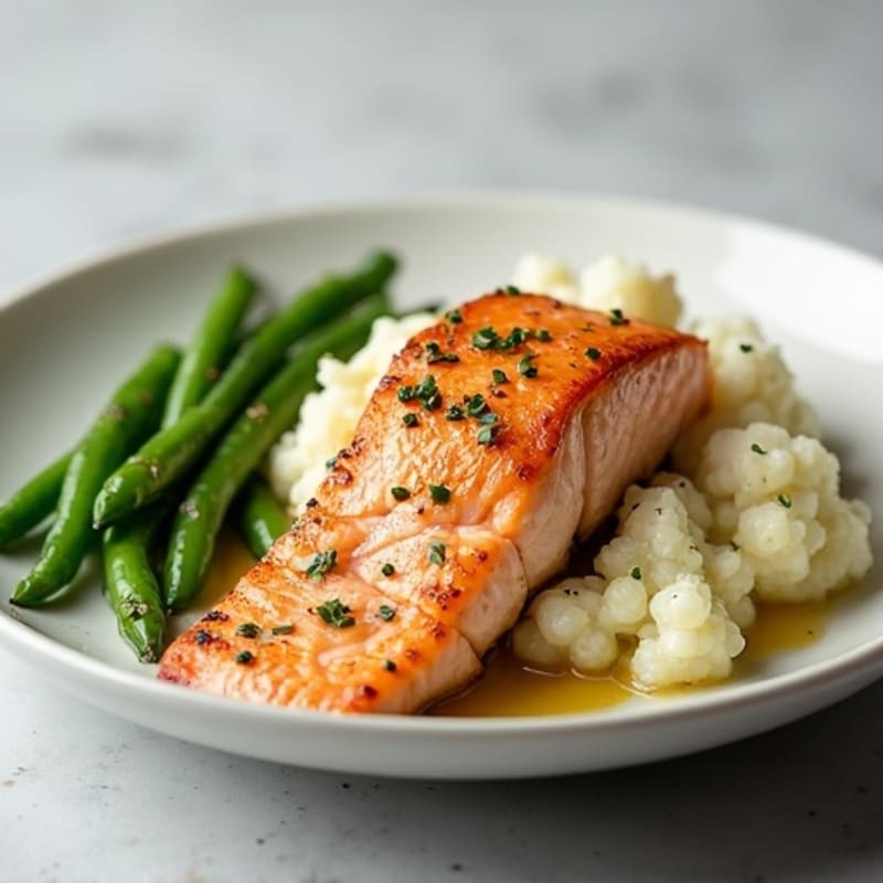 Seared Salmon with Steamed Green Beans and Garlic Mashed Cauliflower