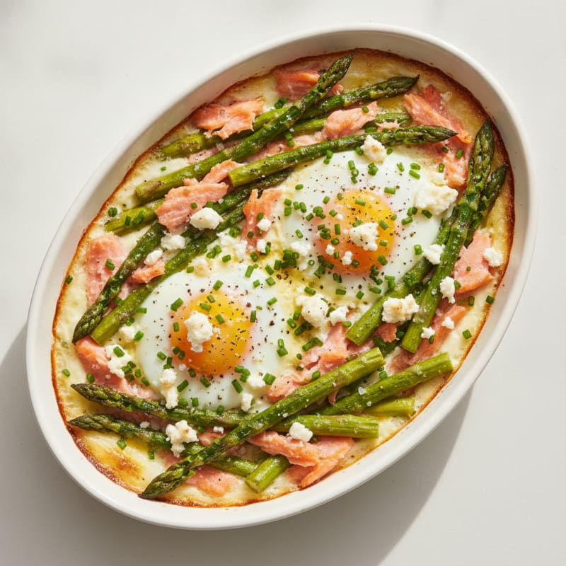 Baked Eggs with Roasted Asparagus and Smoked Salmon