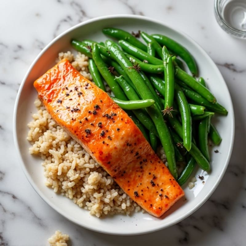 Seared Salmon Fillet with Garlic Green Beans and Brown Rice