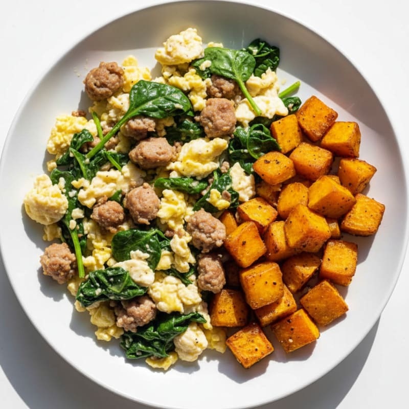 Egg White and Turkey Sausage Scramble with Spinach and Roasted Sweet Potato