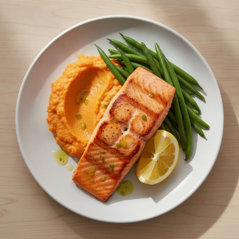 Seared Salmon Fillet with Steamed Green Beans and Sweet Potato Mash