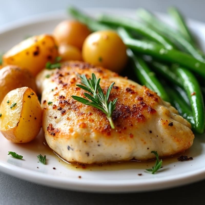 Herb-Garlic Roasted Chicken with Crispy Potatoes and Green Beans