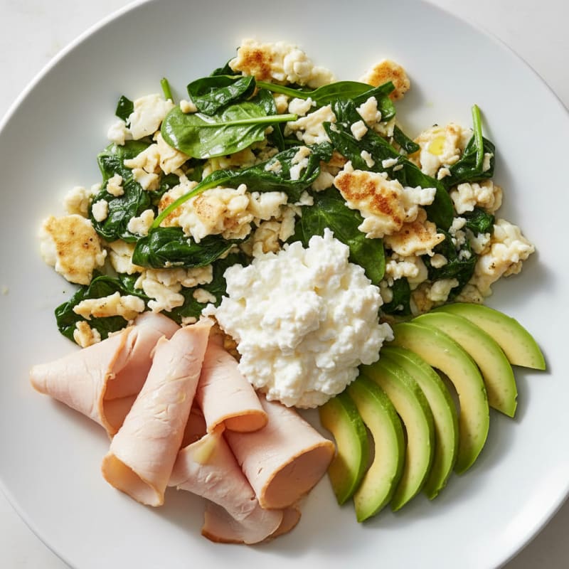 Egg White and Spinach Scramble with Cottage Cheese and Sliced Turkey