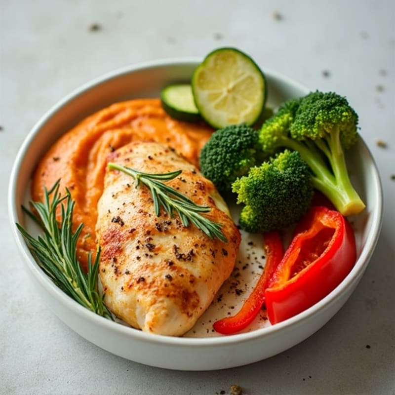 Lemon Herb Chicken and Roasted Vegetable Plate with Creamy Roasted Red Pepper Hummus
