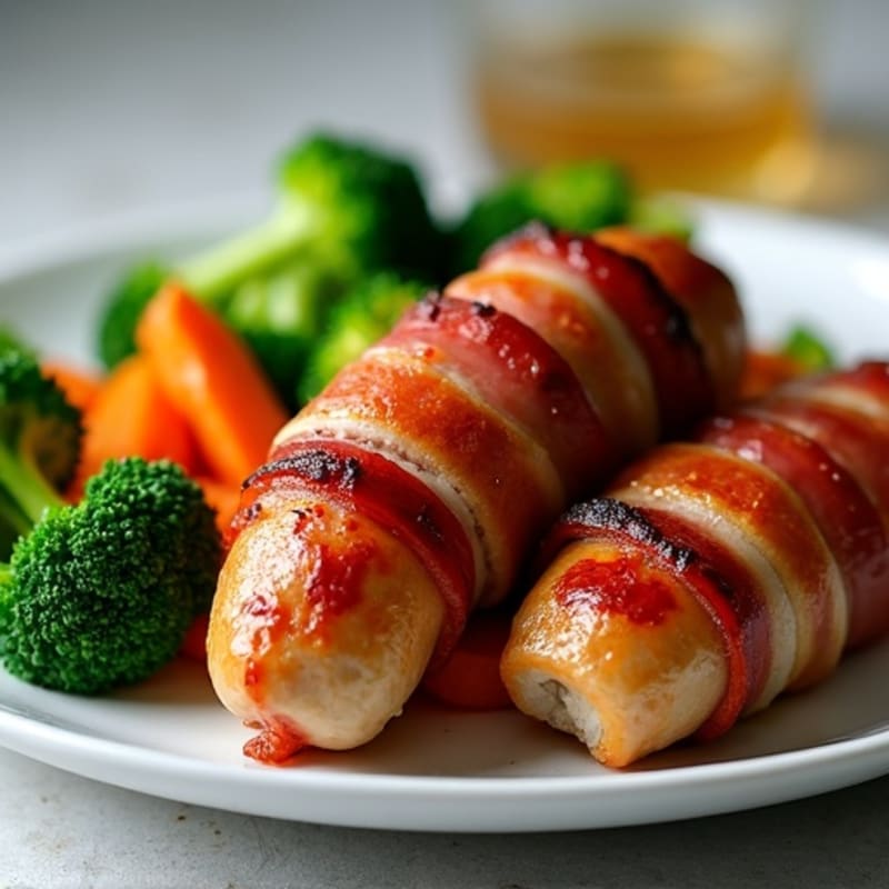 Crispy Bacon-Wrapped Chicken Sausage with Roasted Sweet Potatoes and Broccoli