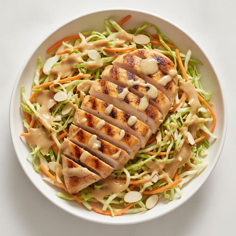 Grilled Chicken Breast with Crunchy Cabbage Slaw and Lemon Tahini Dressing