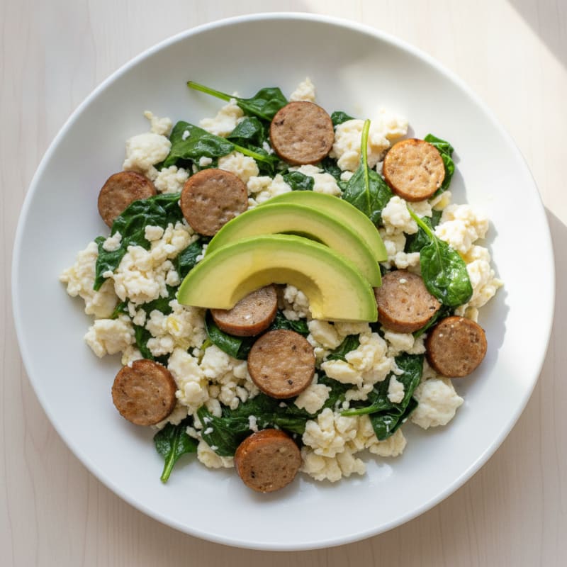 Egg White and Turkey Sausage Scramble with Sautéed Spinach