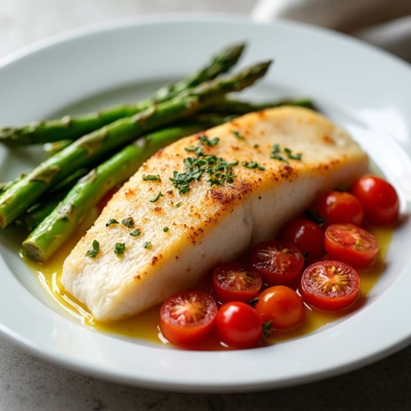 Baked Cod with Roasted Asparagus and Cherry Tomatoes