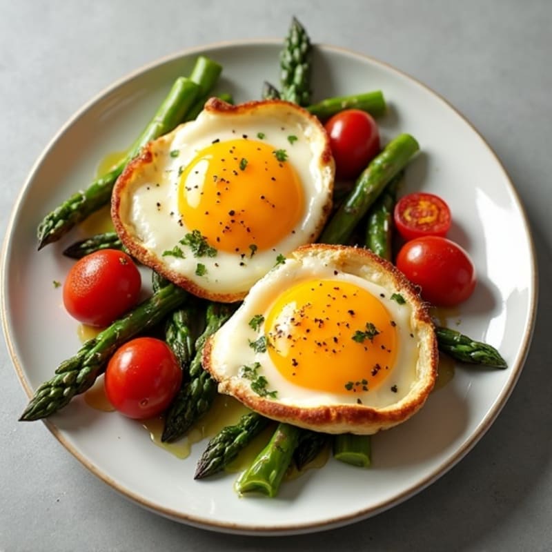 Baked Eggs with Roasted Asparagus and Cherry Tomatoes