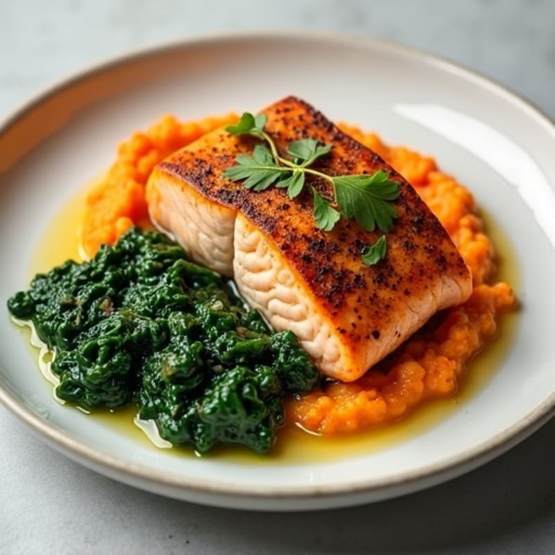 Seared Salmon Fillet with Garlic Spinach and Sweet Potato Mash
