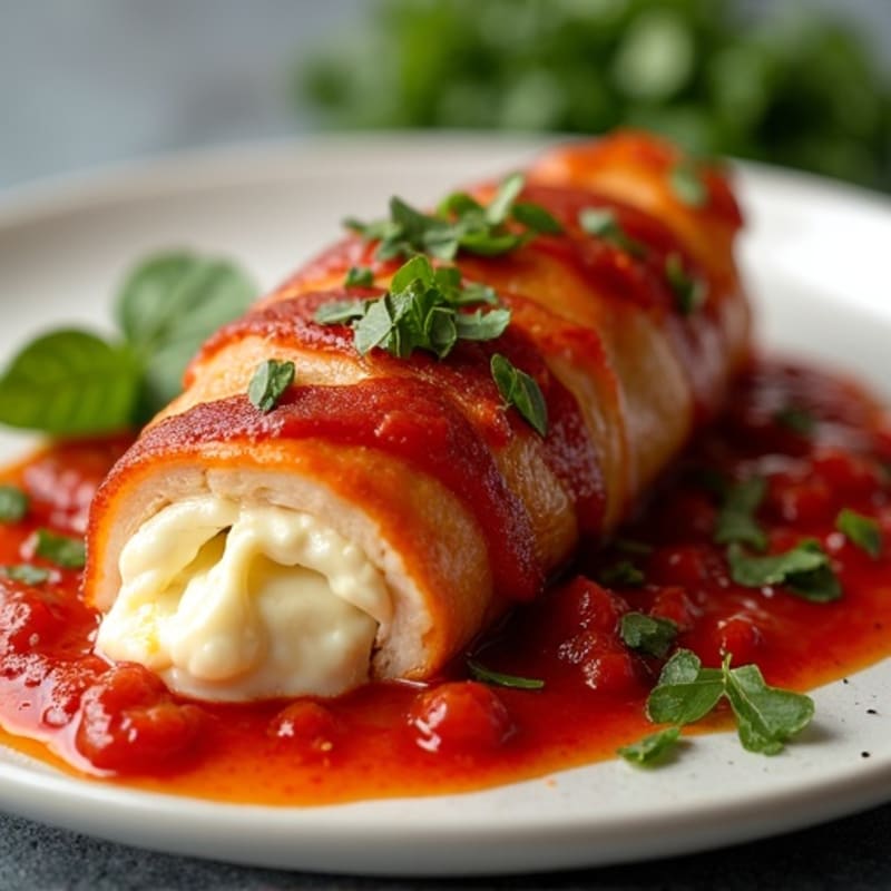 Creamy Mozzarella Stuffed Chicken with Crispy Turkey Bacon and Rich Marinara