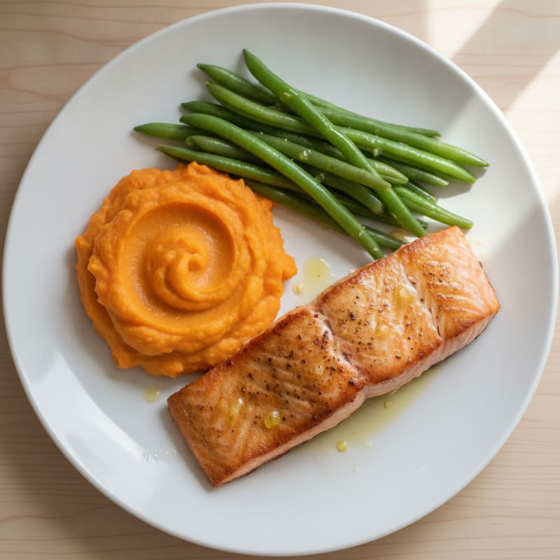 Seared Salmon with Steamed Green Beans and Sweet Potato Mash