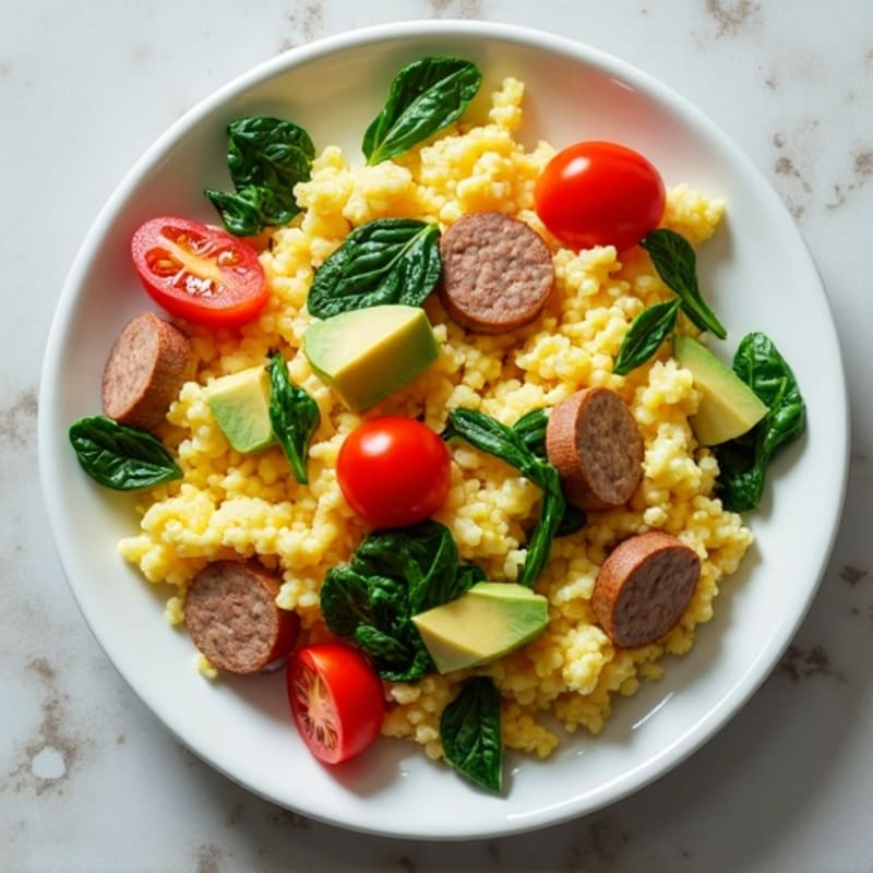 Egg White and Turkey Sausage Scramble with Spinach and Cherry Tomatoes