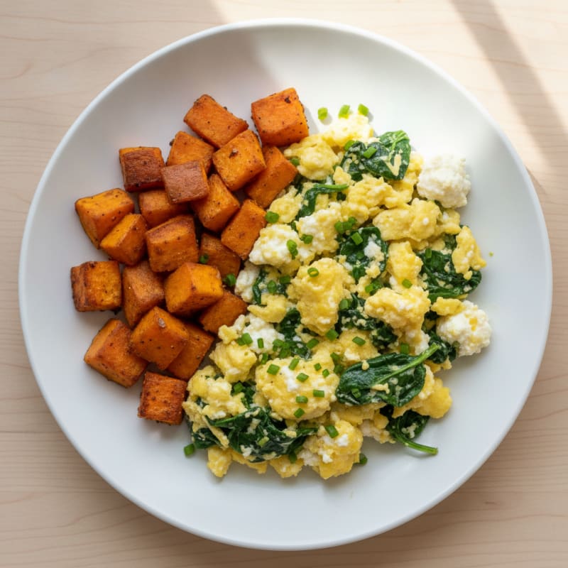 Cottage Cheese Scramble with Spinach and Roasted Sweet Potato