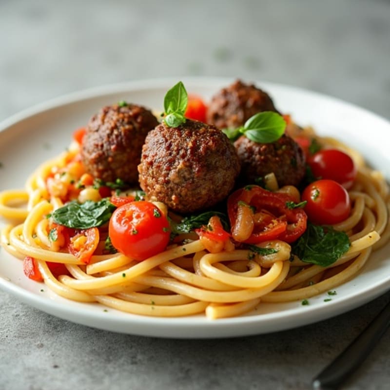 Tender Lean Beef Meatballs with Whole Wheat Spaghetti and Garden Vegetable Sauce