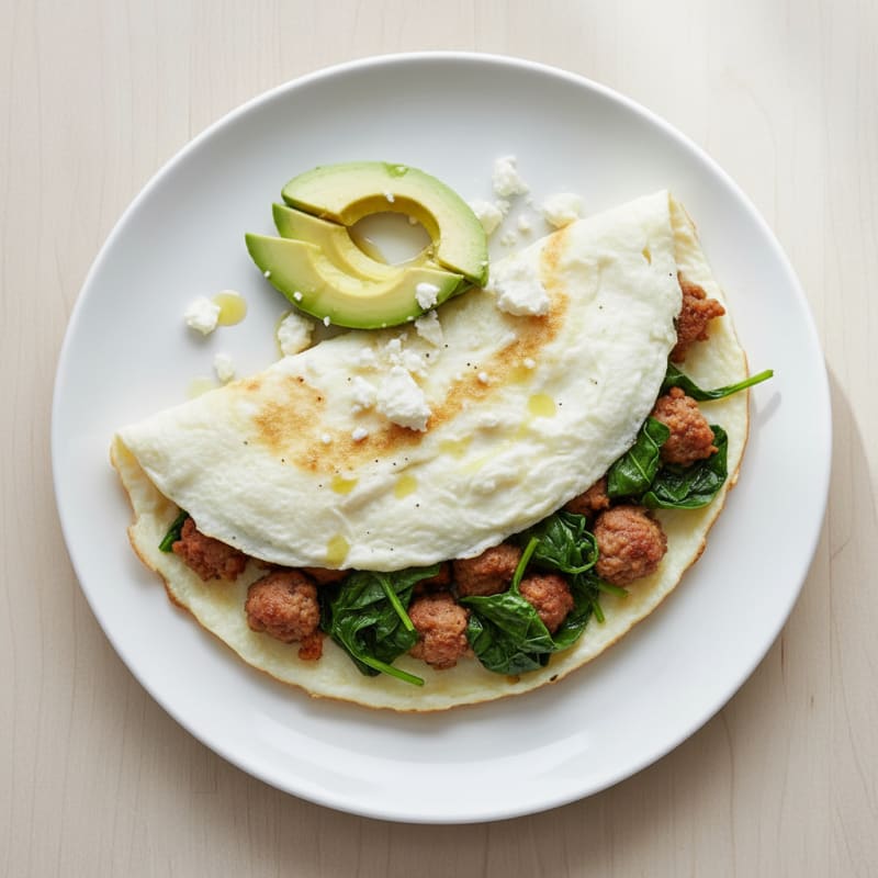 Egg White Omelette with Turkey Sausage and Sautéed Spinach