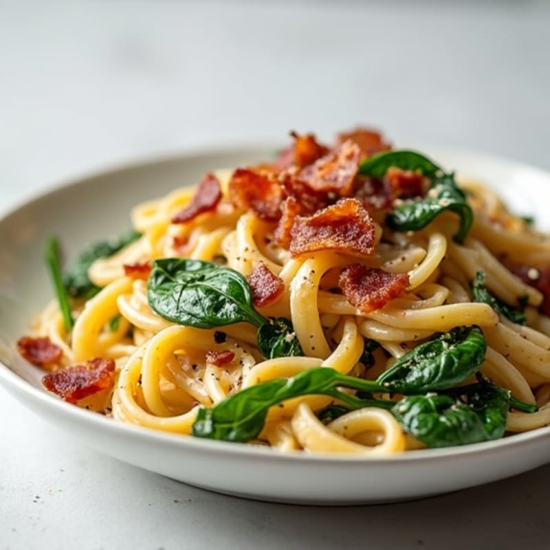 Creamy Chicken and Spinach Pasta with Crispy Turkey Bacon
