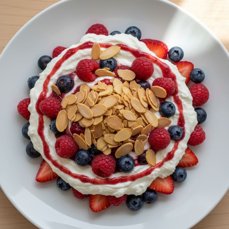 Greek Yogurt Protein Parfait with Mixed Berries and Almond Slivers