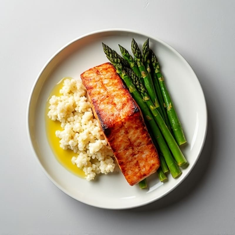 Seared Salmon with Steamed Asparagus and Cauliflower Rice