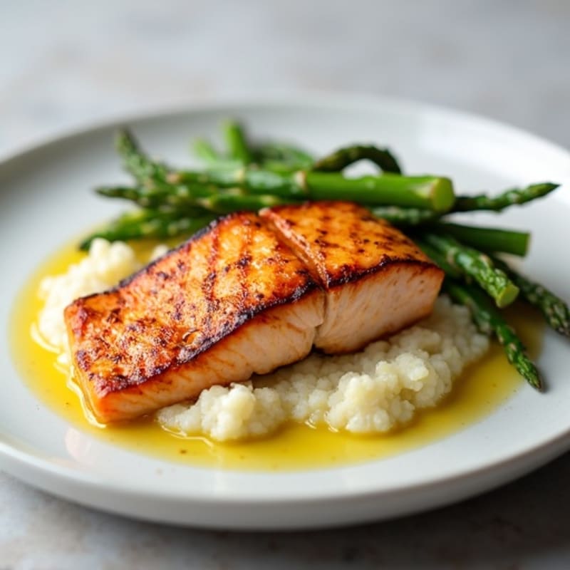 Seared Salmon Fillet with Roasted Asparagus and Cauliflower Mash