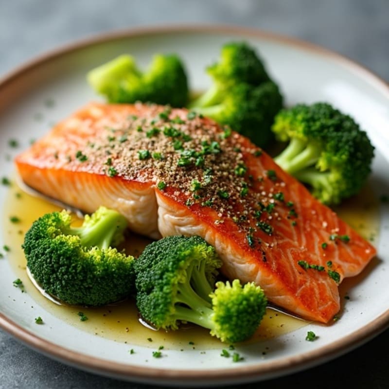 Herb-Crusted Pan Seared Salmon with Garlic Roasted Broccoli