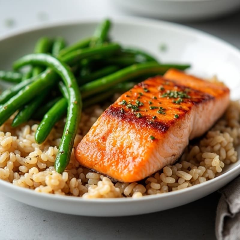 Seared Salmon with Garlic Green Beans and Brown Rice