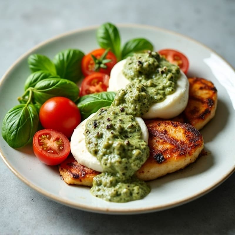 Grilled Chicken with Fresh Mozzarella, Tomatoes, and Creamy Basil Pesto